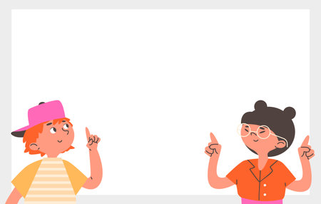 Boy look up and point finger and girl with closed eyes show both hands gesture upward.のイラスト素材