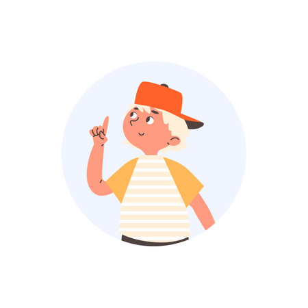 Child pointing finger up as if has an idea or solution, flat vector isolated.のイラスト素材