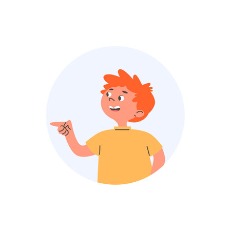 Round icon with laughing and pointing finger child boy flat styleのイラスト素材