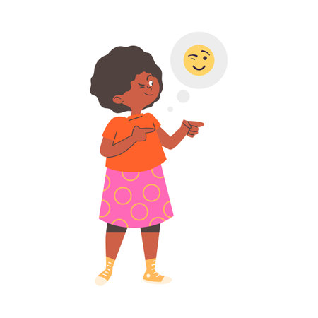 Happy little girl point finger to something, cartoon vector on whiteのイラスト素材