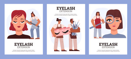 Eyelash extension advertising posters set, flat vector illustration.のイラスト素材