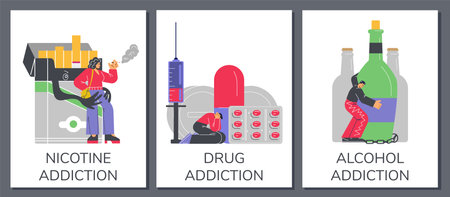 Set of posters or vertical banners about nicotine, drug and alcohol addictions flat styleのイラスト素材