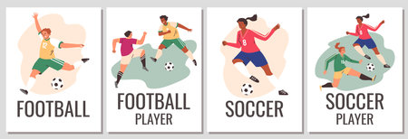 Soccer and football players posters set, flat vector illustration.のイラスト素材