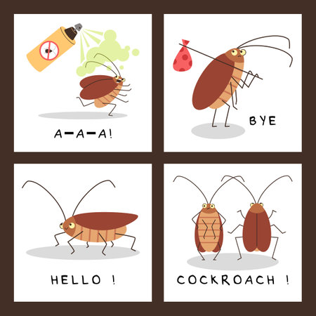Funny cockroach characters, insects extermination service posters set, flat vector illustration.のイラスト素材