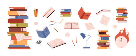High pile of books burning hours, crumpled sheets and pencils, school literature and encyclopedias, exam education setのイラスト素材
