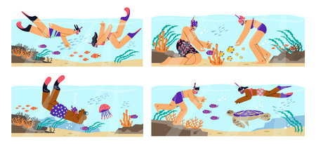 Snorkeling activity vector set, people in diving mask swimming in sea observing fauna of coral reef, marine adventuresのイラスト素材