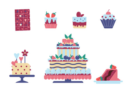 Sweet desserts, flat cartoon vector illustration isolated on whiteのイラスト素材