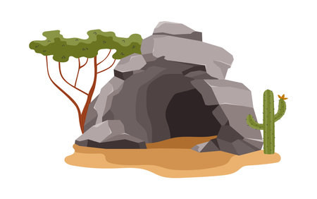 Stone cave entrance around cactus and dessert tree flat styleのイラスト素材