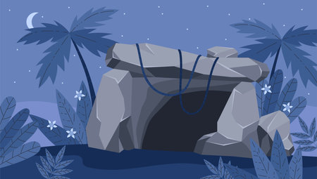Night landscape with stone cave entrance flat styleのイラスト素材