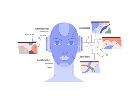 Artificial intelligence in humanoid head with network thinks, vector AI with digital brain is analyzing processing dataのイラスト素材
