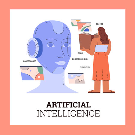 Artificial intelligence in humanoid head, AI with digital brain is learning, analyzing processing big data vector posterのイラスト素材