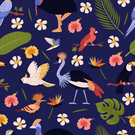 Seamless pattern design with exotic birds and parrots, vector illustration.のイラスト素材