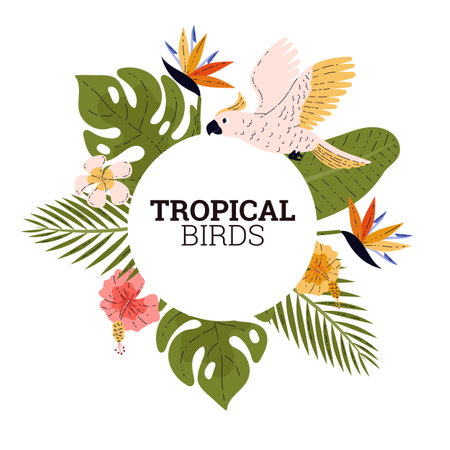 Tropical flora and fauna vector label paradise design, cockatoo, cockadu bird, beautiful exotic blossom wild flowersのイラスト素材