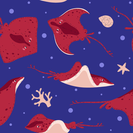 Seamless pattern with cute funny stingrays flat style, vector illustration