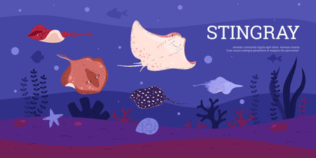 Sea underwater nature landscape with various stingrays fishes, algae and corals, vector wildlife marine fauna and floraのイラスト素材