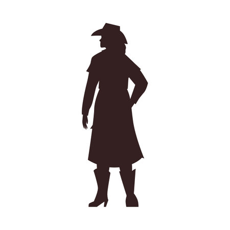 Beautiful cowgirl black silhouette, American western rodeo girl vector outline illustration, vintage wild west characterのイラスト素材