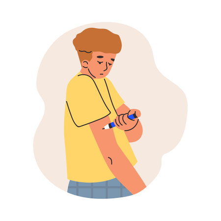 Self-administers insulin injection into shoulder, vector male treatment diabetes, health care and medication deliveryのイラスト素材
