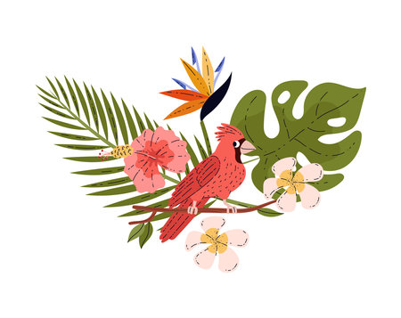 Tropical bird on a green branch, cartoon vector illustration on whiteのイラスト素材
