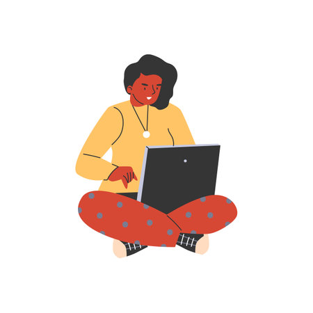 Young woman with laptop on her lap, vector illustration in flat style.のイラスト素材