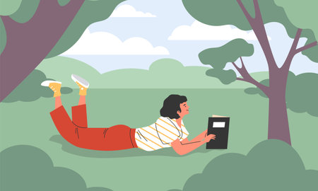 Young woman reading a book in park, vector illustration in flat style.のイラスト素材