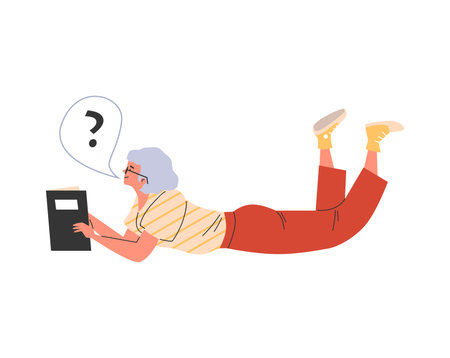 Woman reading a book lying down, cartoon vector illustration on whiteのイラスト素材