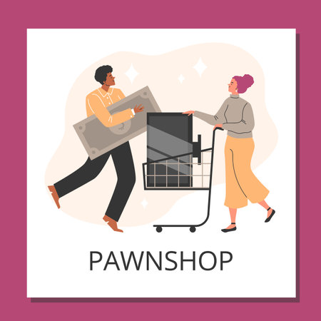 Person bring old TV technique to Pawnshop, customers buy sell second hand electric appliances and get cash vector posterのイラスト素材