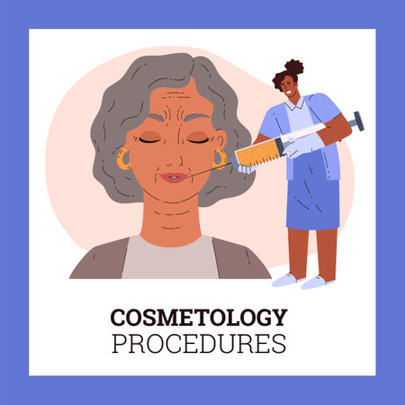 Woman getting procedure of facial beauty injection for skin rejuvenation, correction downturned mouth vector posterのイラスト素材
