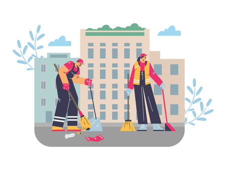 People janitor with broom and scoop on cityscape, cleaners in uniform with equipment, vector Street cleaning serviceのイラスト素材