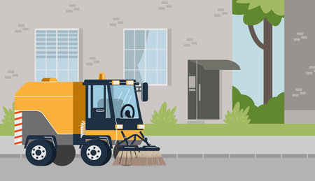 Sweeper truck machines clean wash urban street asphalt, remove garbage, vector street cleaning industry service carsのイラスト素材