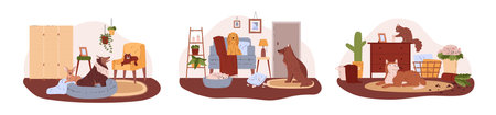 Good and bad pets behavior in cozy home, apartment, damaged pillow, turned plant pot, vector set of pets surpriseのイラスト素材