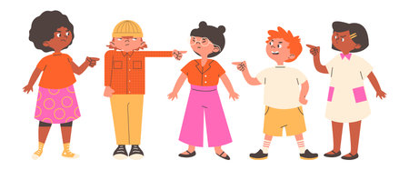 Boys and girls pointing fingers at one kid in center.のイラスト素材