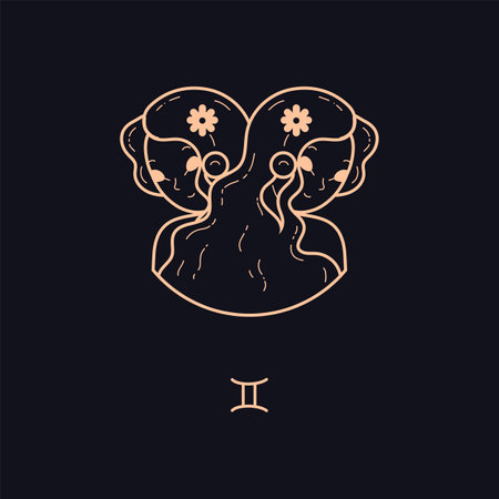 Twins or Gemini zodiac card template, line art vector illustration isolated.のイラスト素材