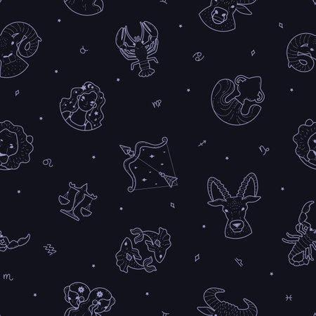 Horoscope signs vector cartoon seamless pattern, twelve astrological symbols in line art style on black backgroundのイラスト素材