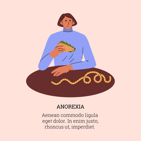 Woman eating sandwich with fresh vegetables and salad, measuring tape on the table, eating disorder and anorexia vectorのイラスト素材