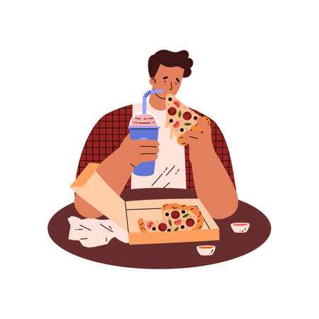 Man eating pizza and soda, hungry character gluttony, eating disorder, Fast food addiction vector illustration isolatedのイラスト素材
