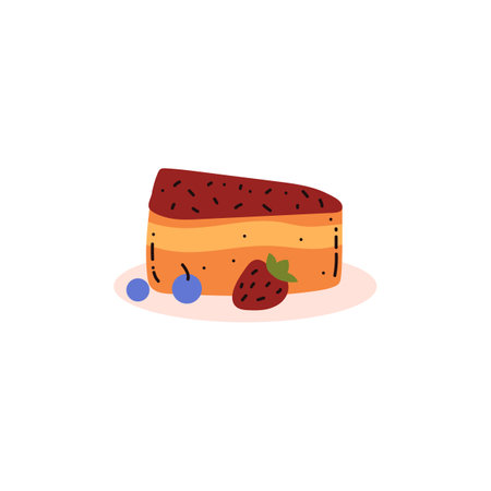 Piece of cake with fruit jam topping and berries on plate, delicious baking sweet dessert eating...