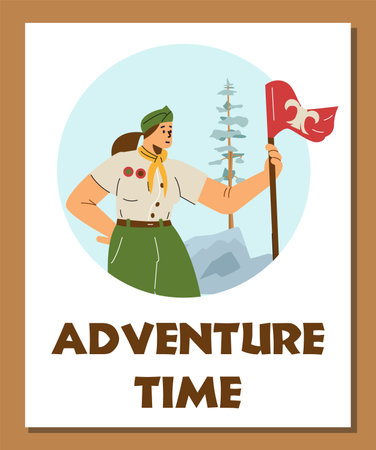 Girl wear scout uniform, neckerchief holding a flag, Adventure time vector poster, cartoon summer camp scouts leadershipのイラスト素材