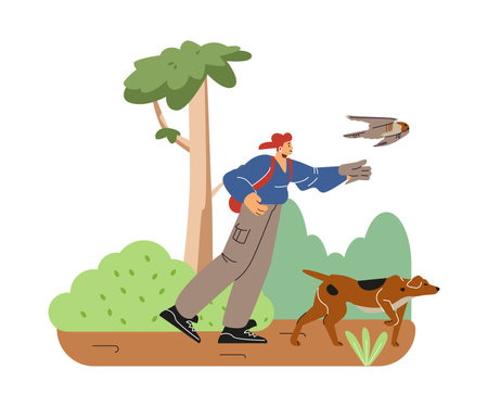 Person with backpack and hawking glove hunting with falcon bird and dog in the forest, cartoon vector Falconry trainingのイラスト素材