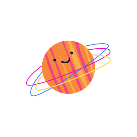 Cute planet Saturn or Jupiter with smiling face, vector cartoon Galaxy space object, Astronomy emoji character designのイラスト素材