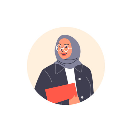 Smiling Arabic woman in hijab and glasses, vector Muslim business female in national Islamic outfit, circle frame avatarのイラスト素材