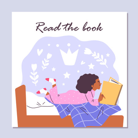 Childrens flyer with a little girl reading a fairy tale in bed.のイラスト素材
