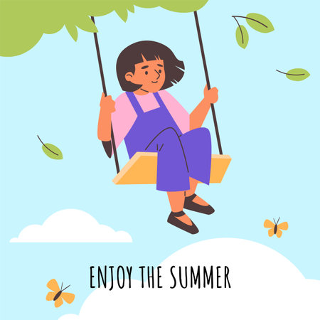 Child on a swing. Summer vector illustrationのイラスト素材