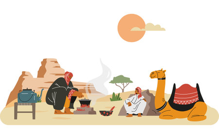 Bedouins resting with camel on a hot summer sunset in the desert, vector cartoon Arab nomad cooks in caldron on campfireのイラスト素材