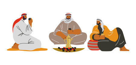 Desert nomadic Bedouins sitting near fire, flat vector illustration isolated.