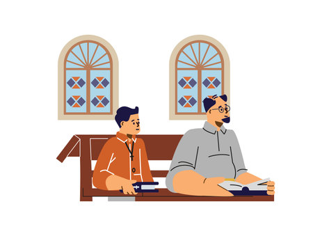 Praying people on benches with Bible in church, Christian religious father and son on a liturgy service vector isolatedのイラスト素材