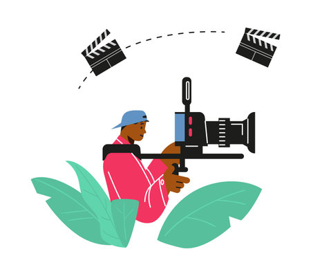 TV operator or videographer records film on professional camera, movie video production, vector...