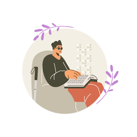 Man sitting on armchair and reading book on braille font using fingers, Braille language for blind people round vectorのイラスト素材