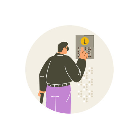 Man reading text on the pointer board, finger drives on braille font points, Braille language for blind vector in roundのイラスト素材