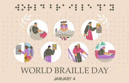 World braille day, vector flat poster, blind persons finger drives on braille font points, reading text Braille languageのイラスト素材