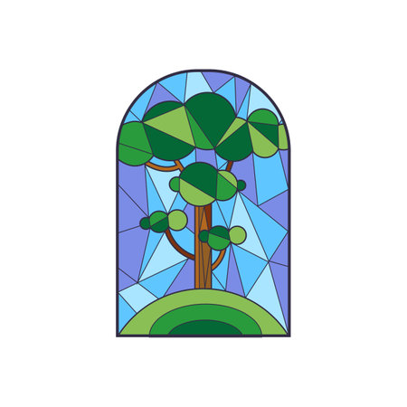 A church stained glass window depicting a green tree against the sky. Vector illustrationのイラスト素材